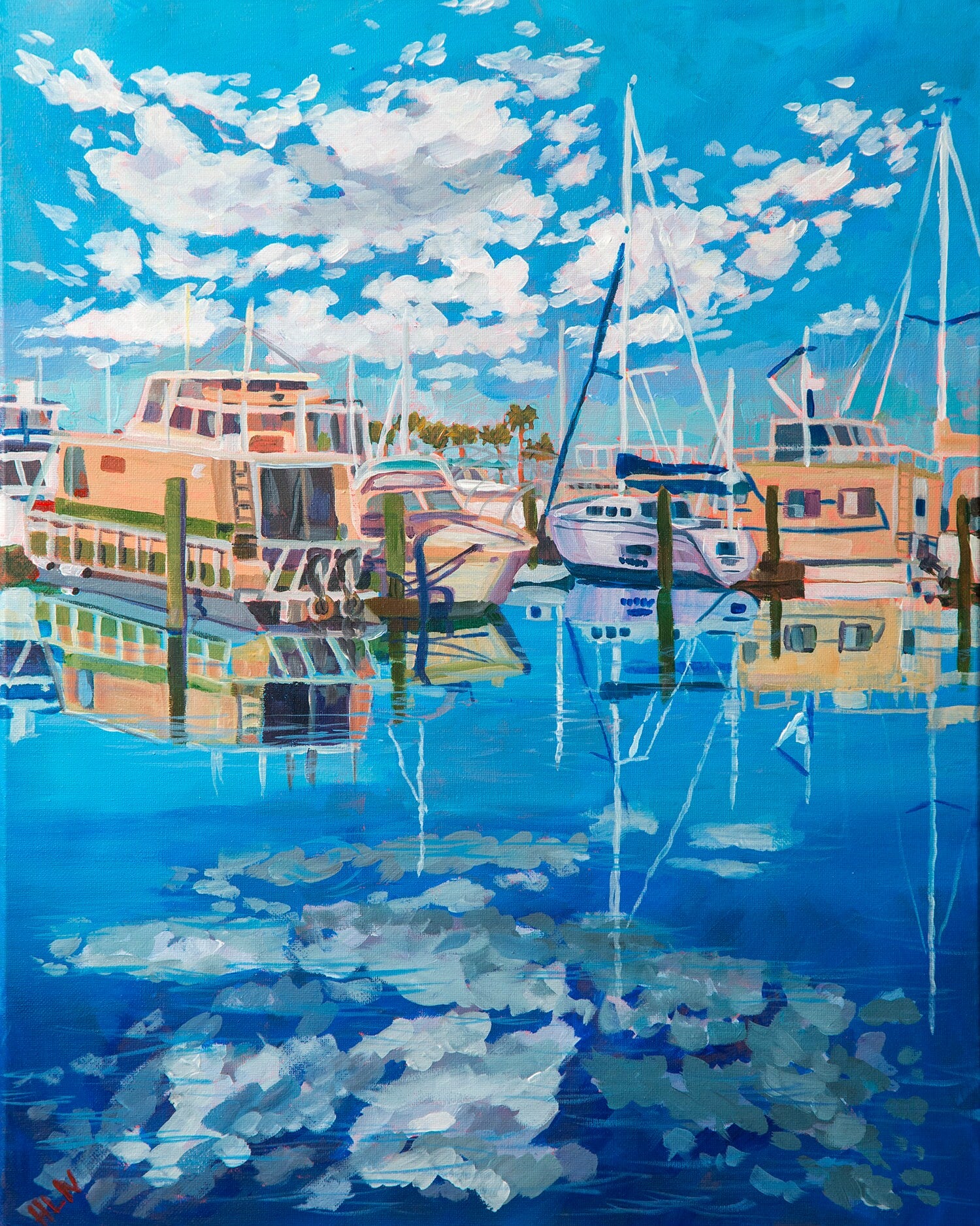 painting of boats docked in marina harbor in Sanford Florida with reflections
