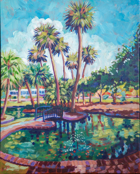 Duck pond painting with palm trees inspired by location at Lake Eola Park in downtown Orlando