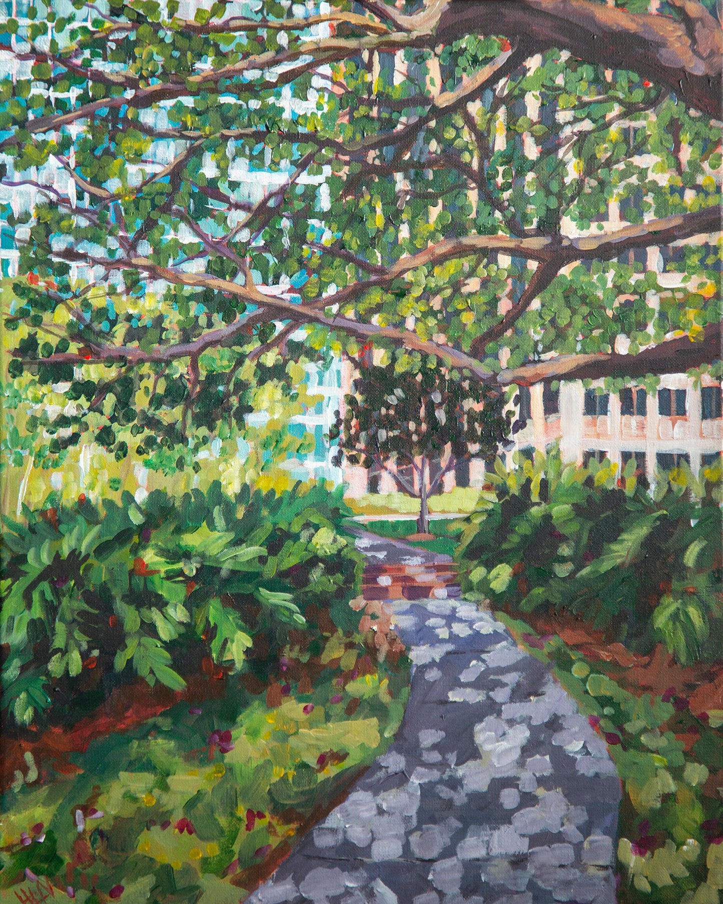 Painting of tree and greenry around Lake Eola Park in downtown Orlando