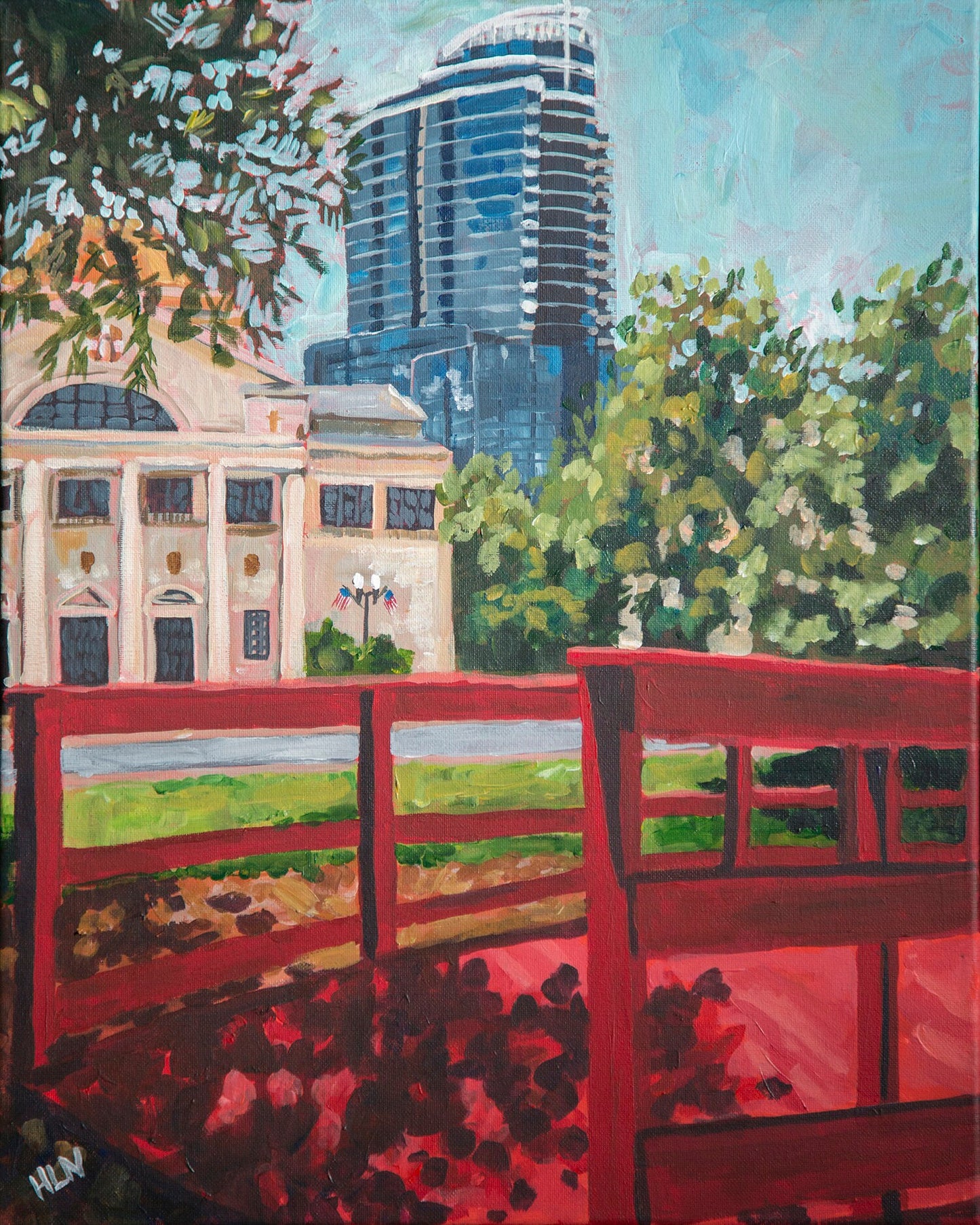 Red bridge cityscape painting of downtown Orlando from Lake Eola Park