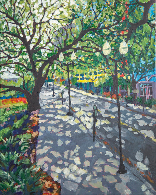 Urban street scene painting of Central Ave in downtown Orlando Florida by Lake Eola Park with mature oak trees and dappled light