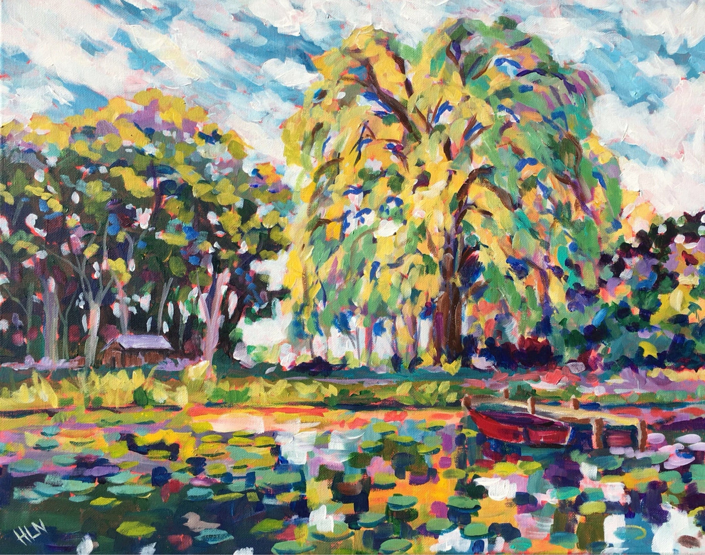 loose impressionist painting of tree lined lake with reflections and boat with dock