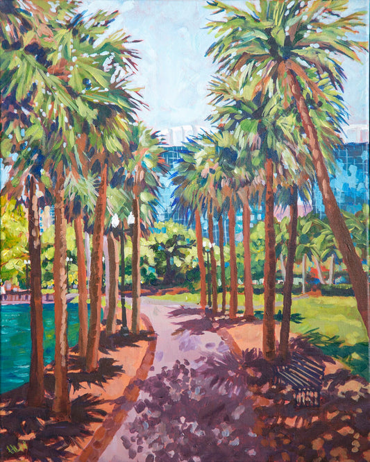 Palm trees line walkway in this impressionistic painting inspired by Lake Eola Park in downtown Orlando Florida