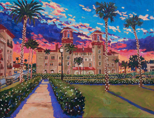 Painting of historic St Augustine at sunset with white lights of the Lightner museum