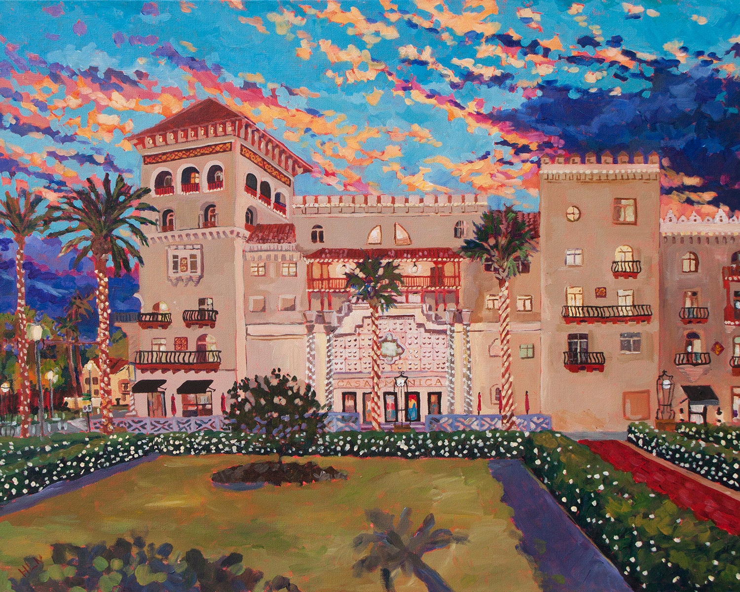 Painting of historic St. Augustine of the Casa Monica Hotel at sunset