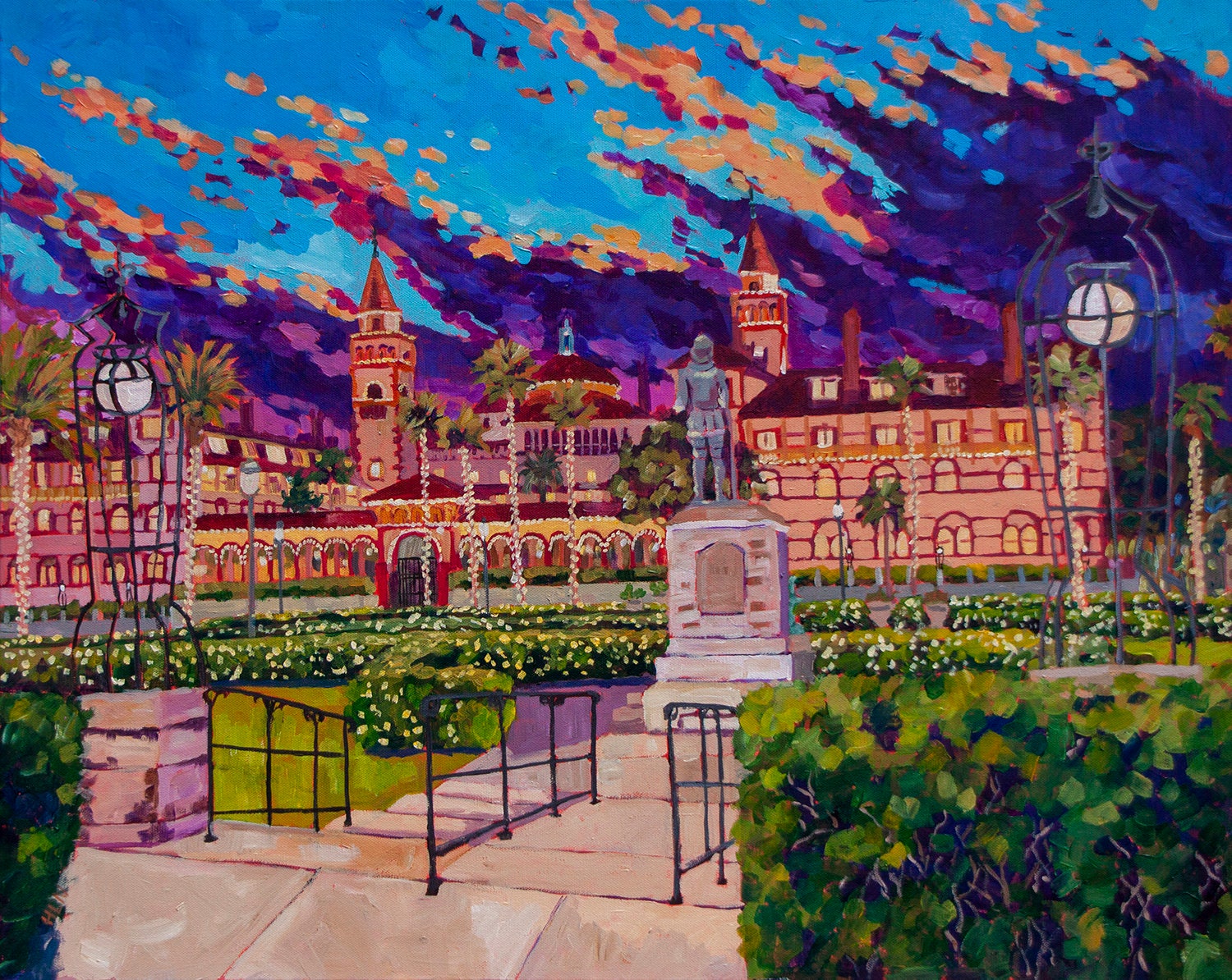 Painting of historic Flagler College at dusk in St. Augustine Florida