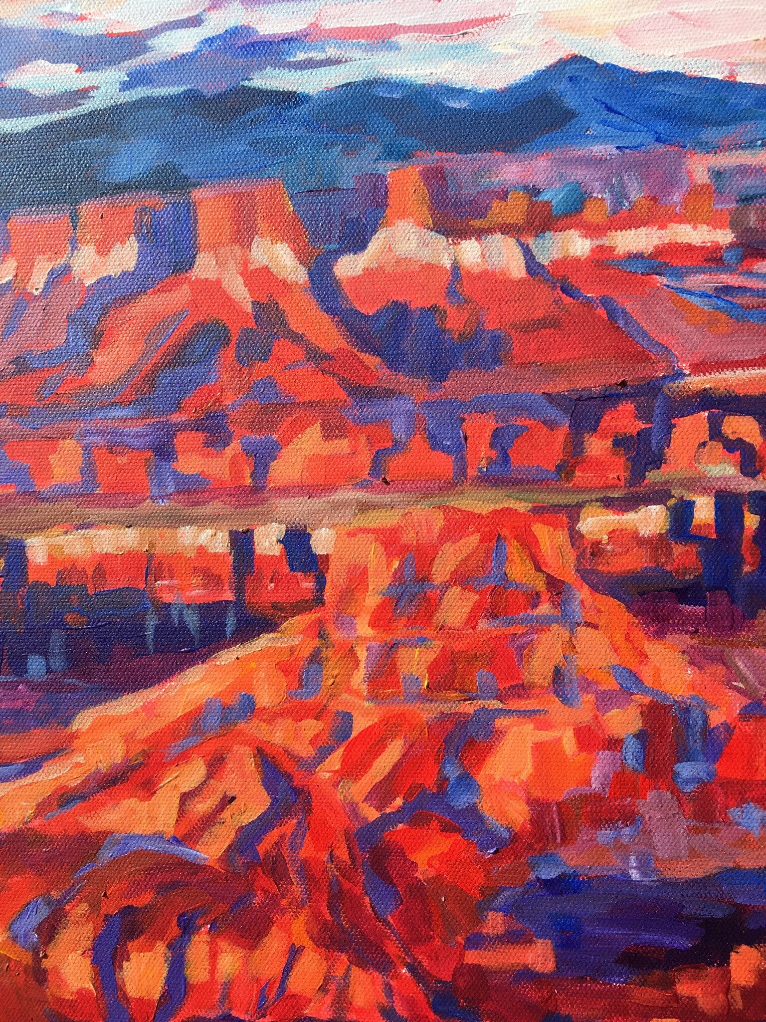 detail of painting, rocky cliffs and mountains