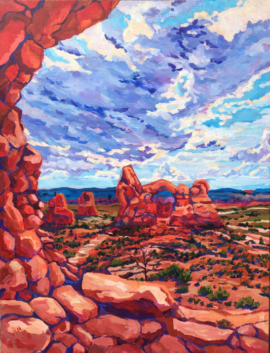 Original vibrant  impressionistic painting of Turret Arch from North Window in Arches National Park in Moab Utah