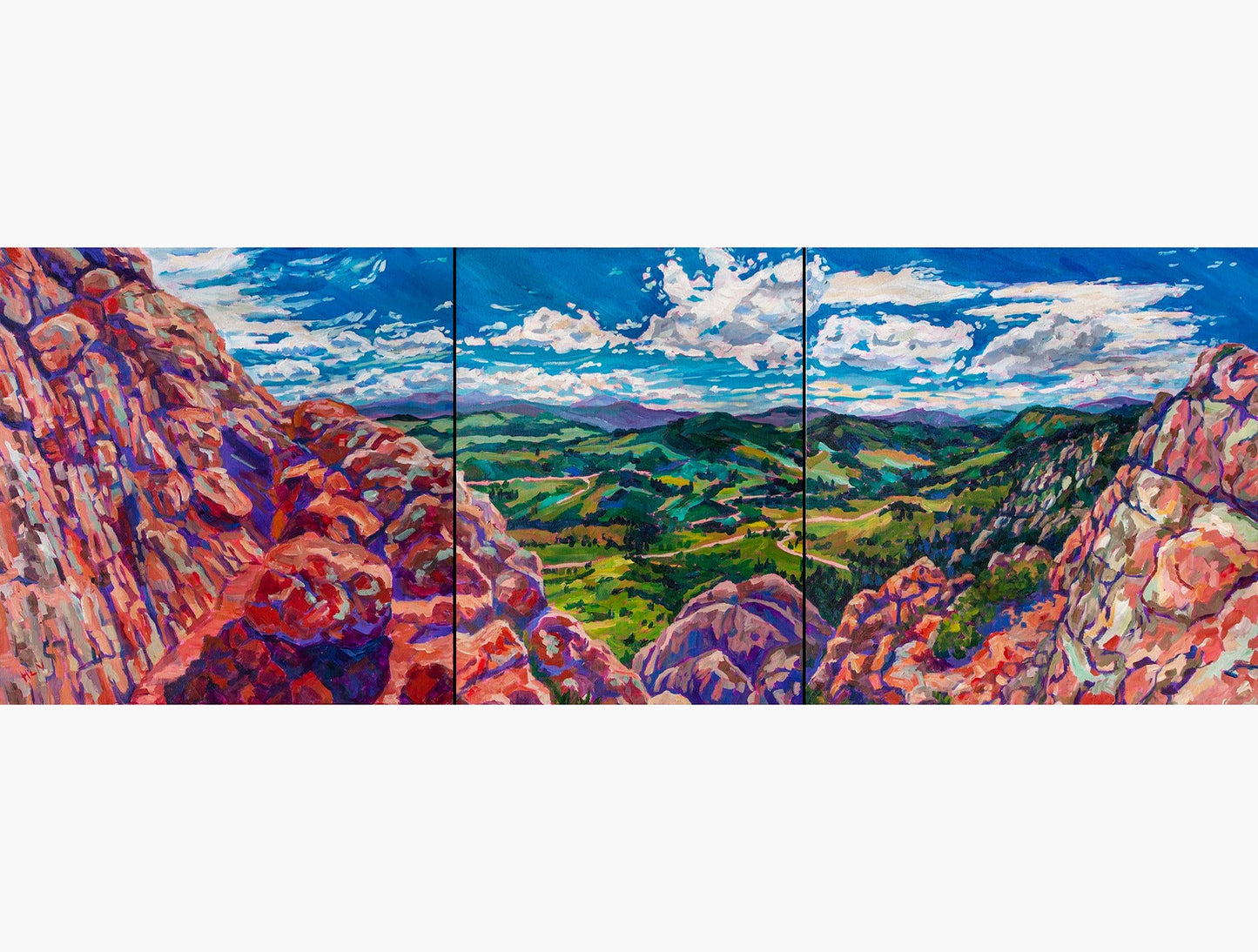 Vibrant triptych painting of the Rocky Mountain foothills as seen from the top of Horsetooth rock in Fort Collins Colorado