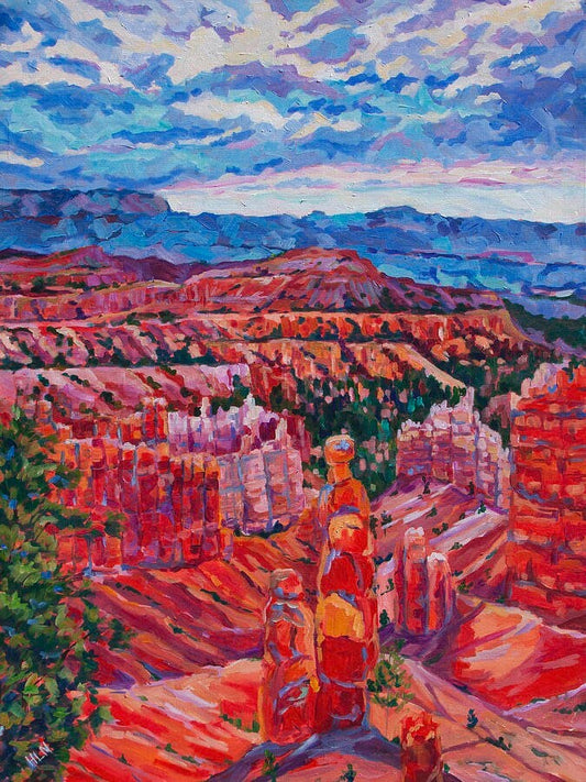 Original vibrant  impressionistic painting of Thor's Hammer in Bryce Canyon National Park in Utah with dramatic lighting