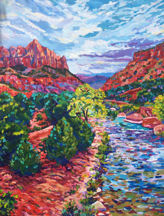 Original vibrant  impressionistic painting of the river in Zion National Park