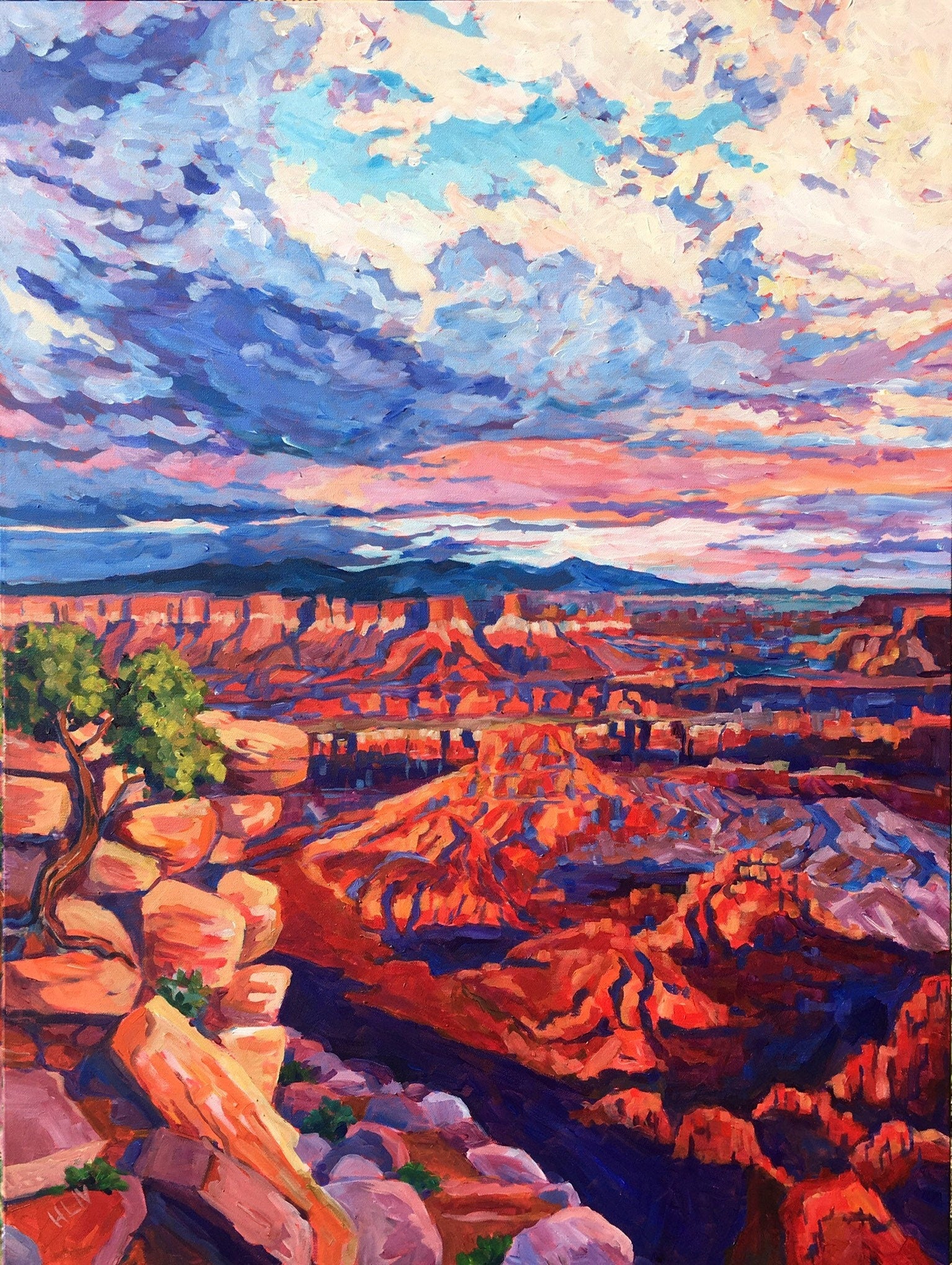 Original vibrant  impressionistic painting near Canyonlands State Park in Utah, Dead Horse point state park with dramatic sky