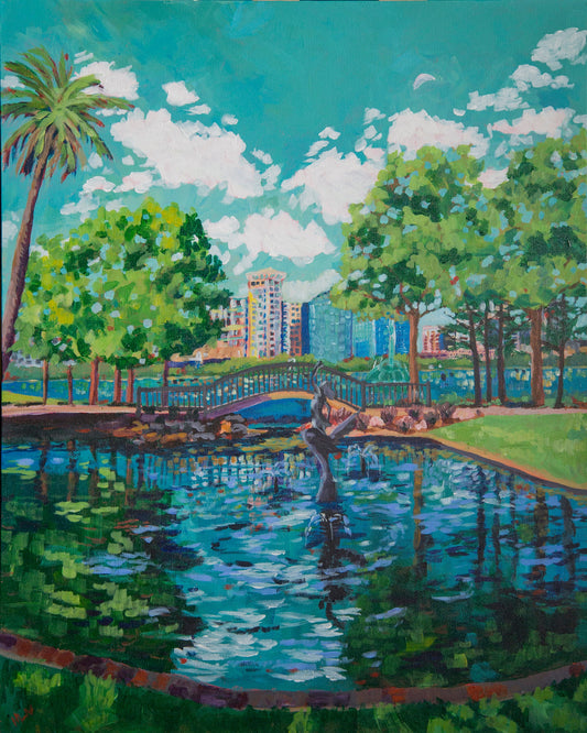 Original painting of Lake Eola in downtown Orlando with skyline in background