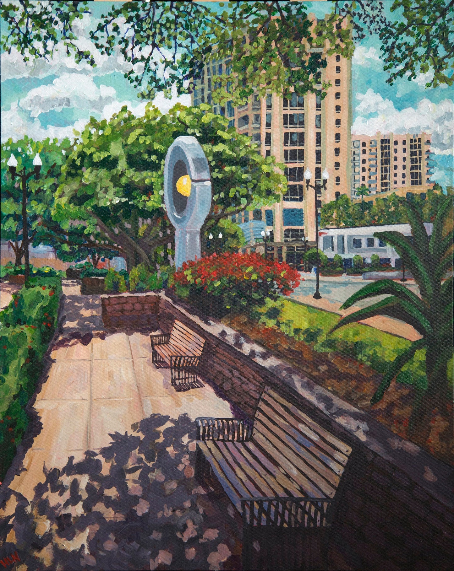 Painting of downtown Orlando near Lake Eola Park along Central Ave