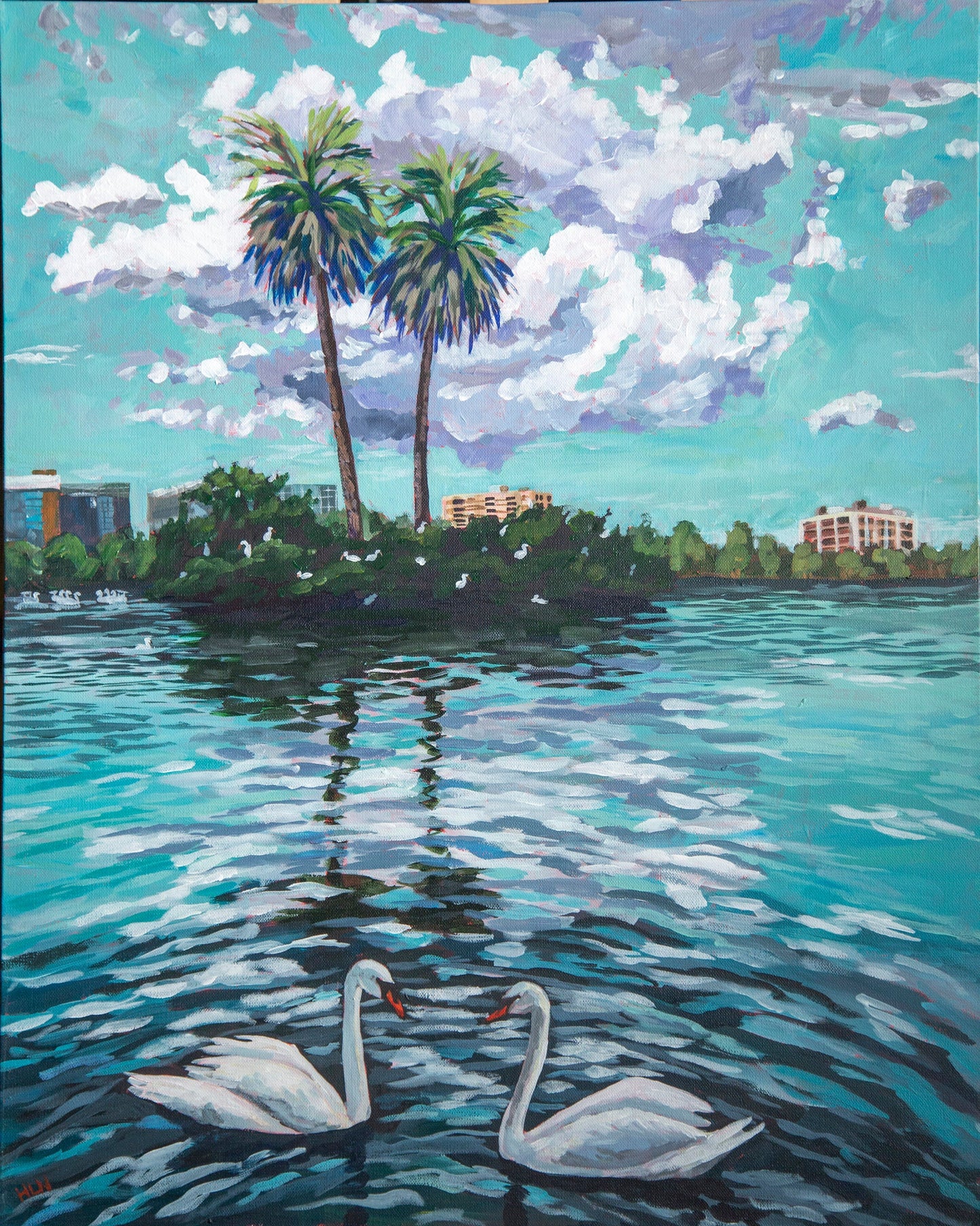 painting of swans at lake eola in downtown Orlando