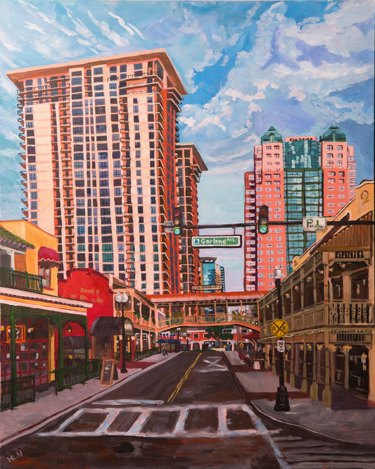 Painting of downtown Orlando at Garland and Church Street with the Suntrust building and the W building in background looking at Chruch Street Station
