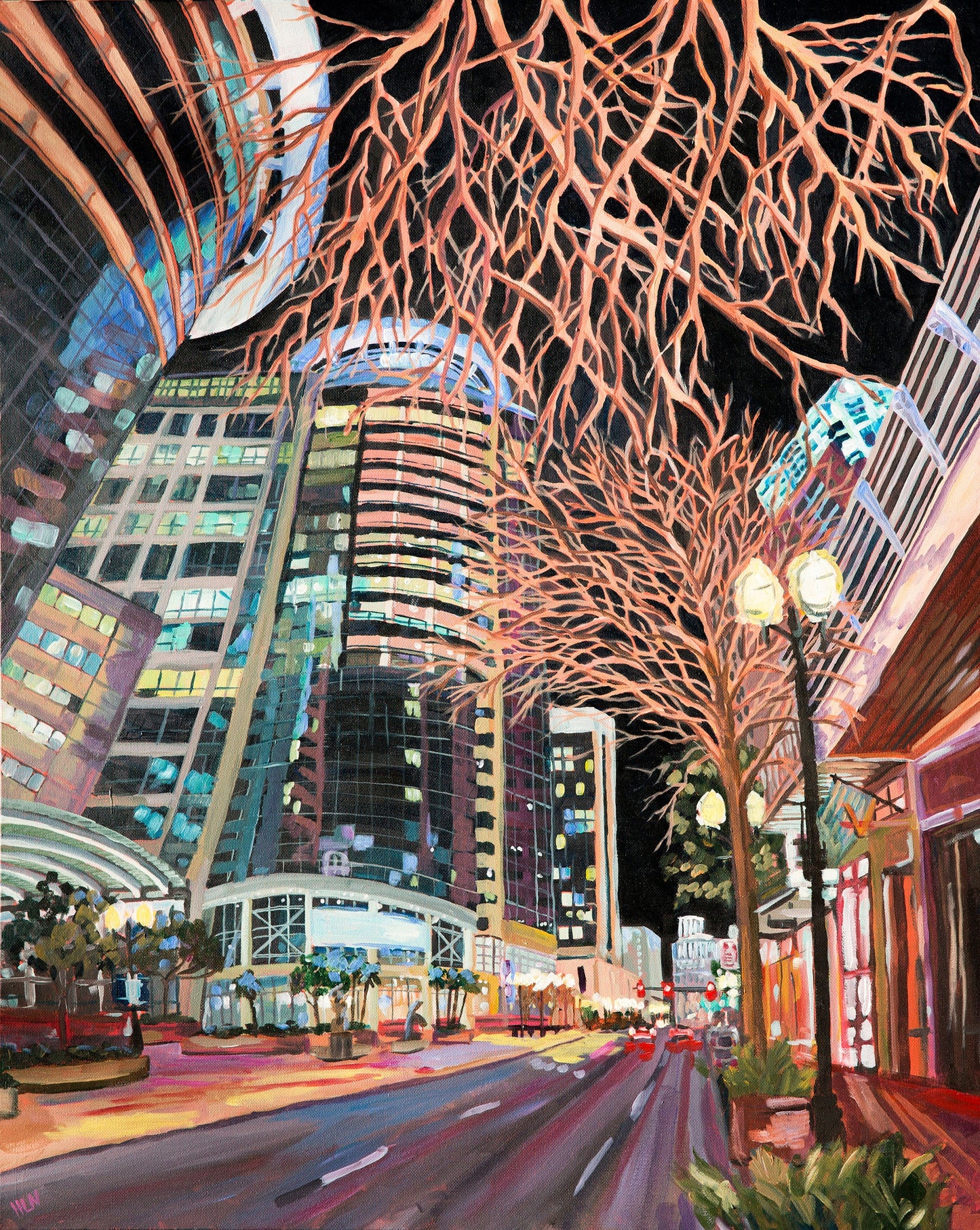 Vibrant impressionist night painting of downtown Orlando along Orange Ave of the Cobb Plaza area