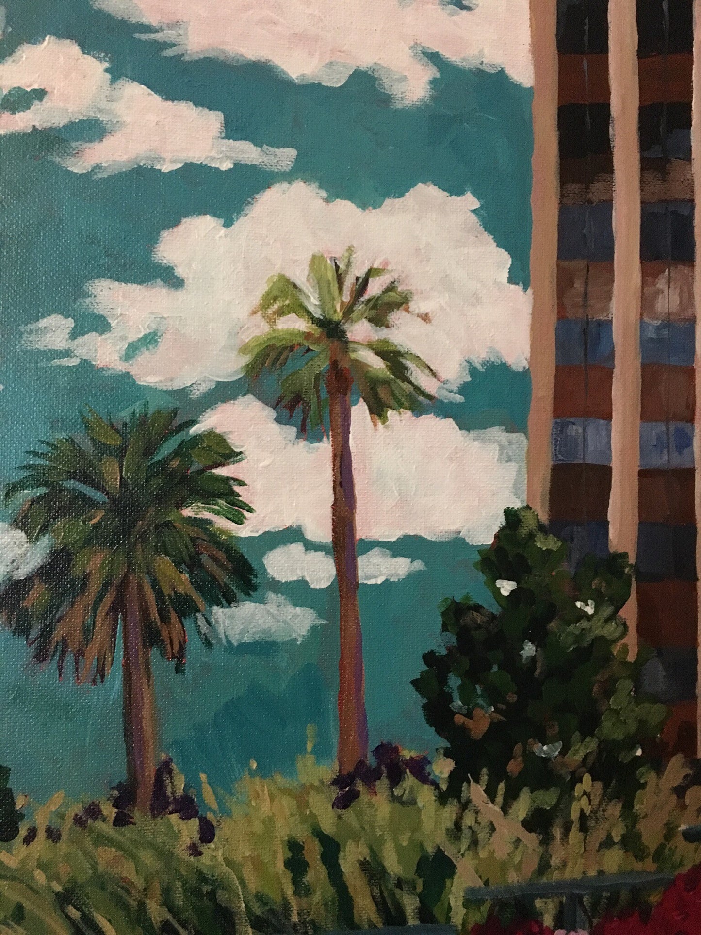 detail of the Orlando painting with palm trees and building