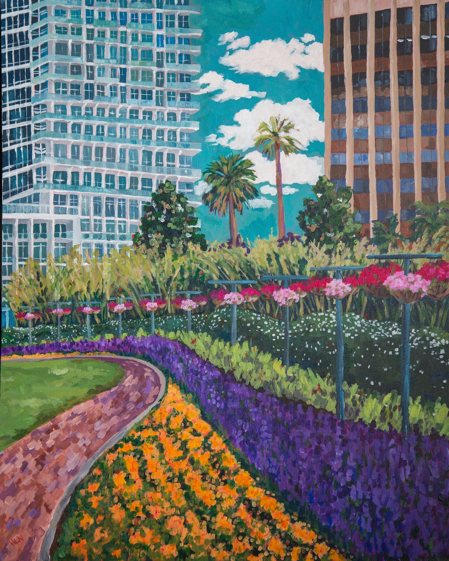 Original vibrant  impressionistic painting of beautiful Lake Eola park in downtown Orlando with the Vue condo building in the background