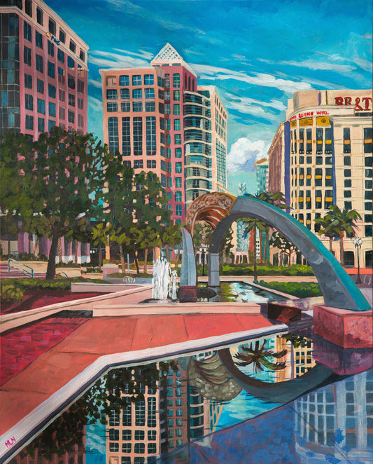 Painting of downtown Orlando by the fountain in front of City Hall showing the Bohemian hotel