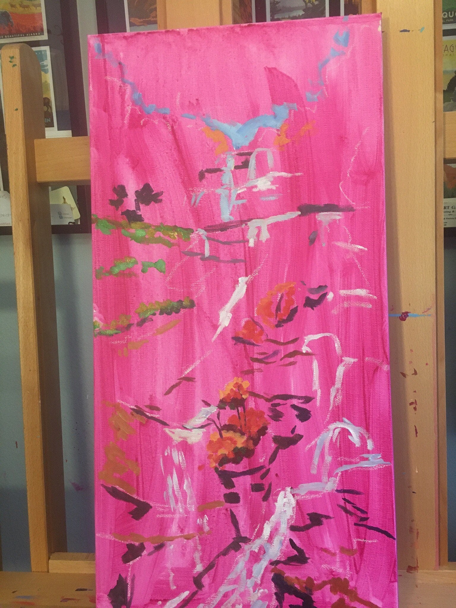 painting in progress with magenta wash
