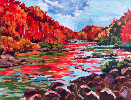 Vibrant fall foliage along the river's edge in an impressionist painting