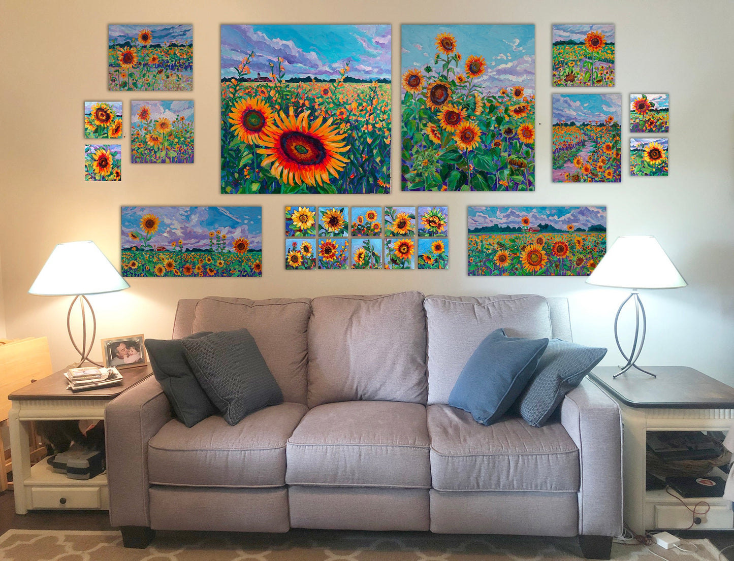 wall of sunflower paintings collection in living room