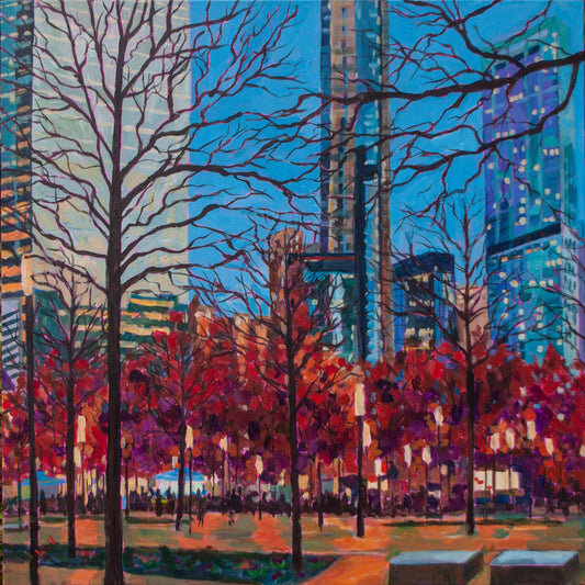 Painting of Memorial Park at ground Zero in lower Manhattan New York city at dusk with fall trees