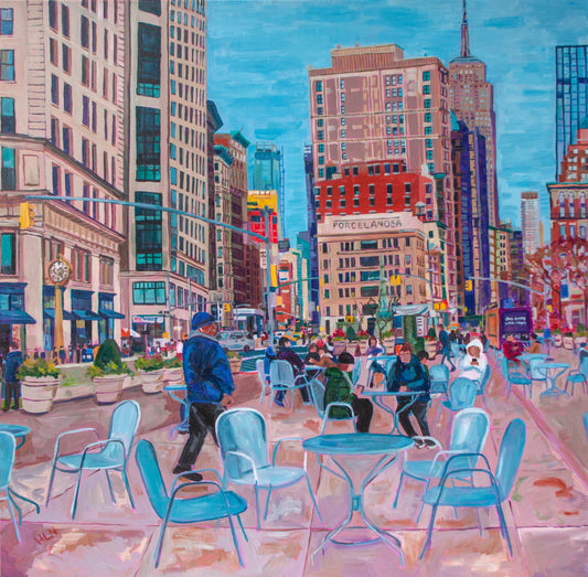 Urban landscape painting of Madison Square Park in New York City with chairs and people in Winter with Empire state building in the background