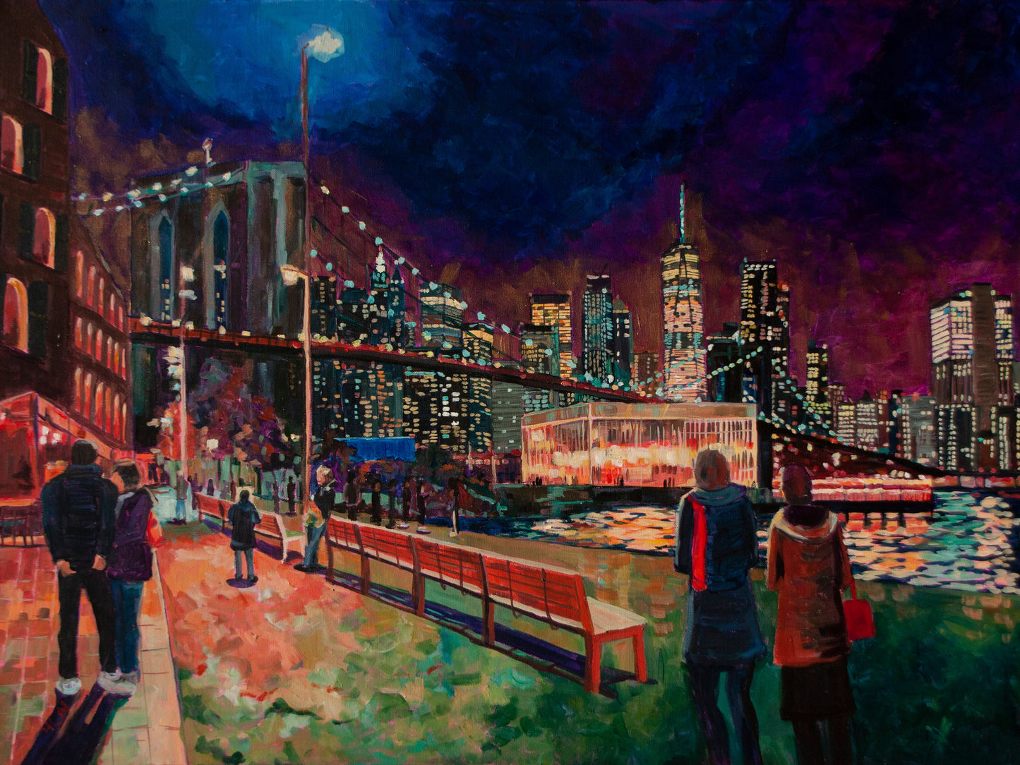 Painting of Dumbo Park in Brooklyn overlooking the bridge and skyline of lower Manhattan at night 