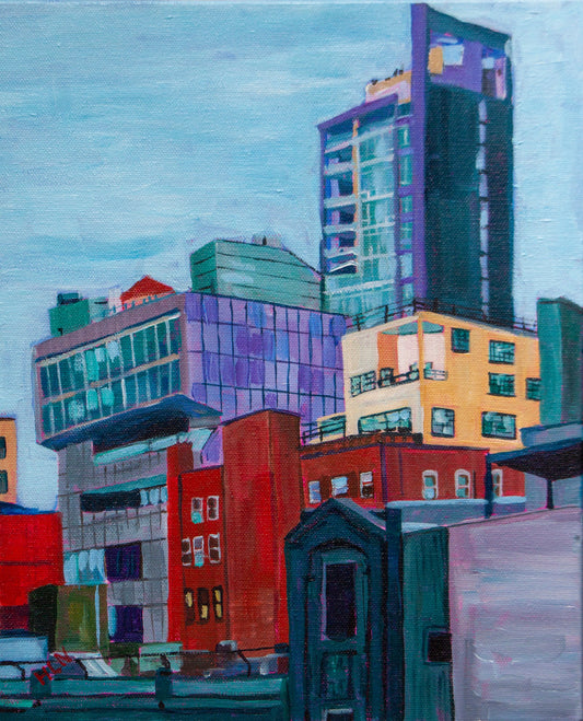 Original vibrant  impressionistic painting showing a juxtaposition of buildings in New York City's Chelsea area
