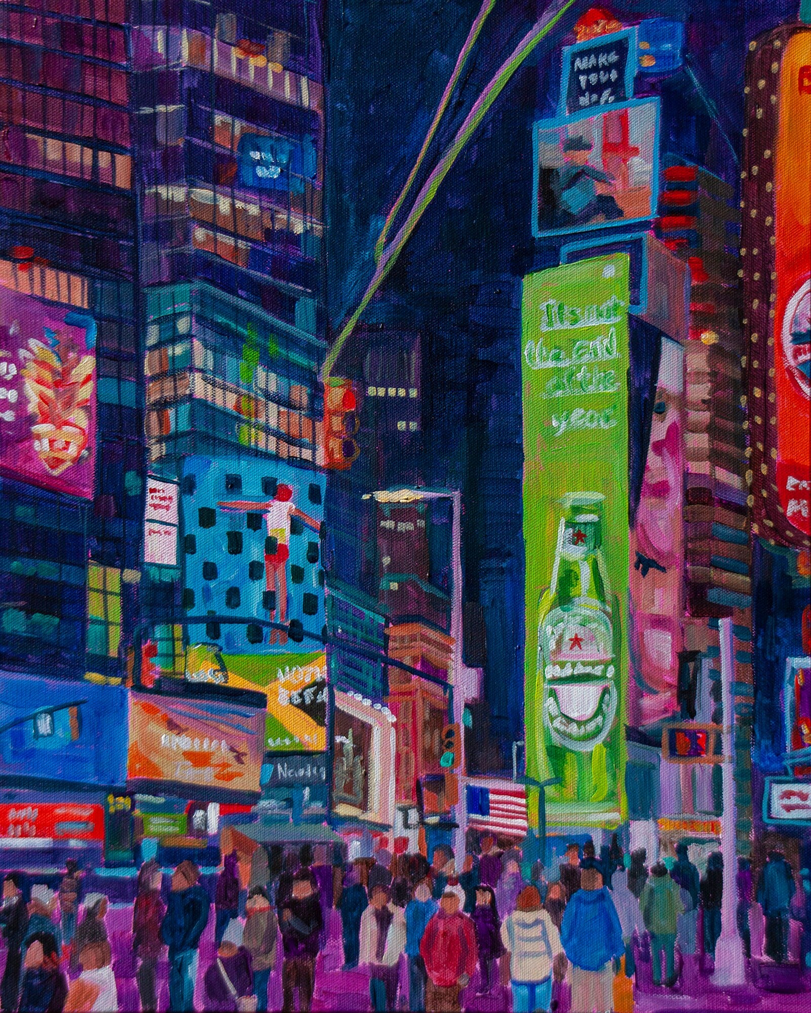 vibrant painting of Times Square in New York City at night with lights, bill boards and people