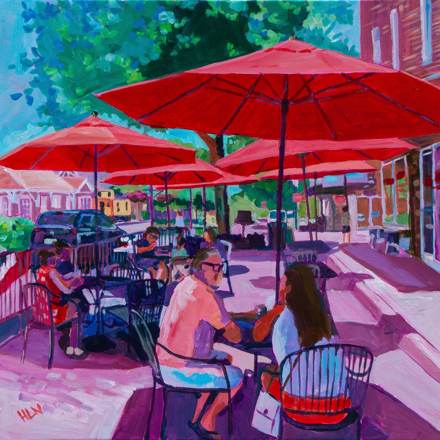 Impressionist painting of small town life, street cafe with red umbrellas based off of downtown Winter Garden Florida