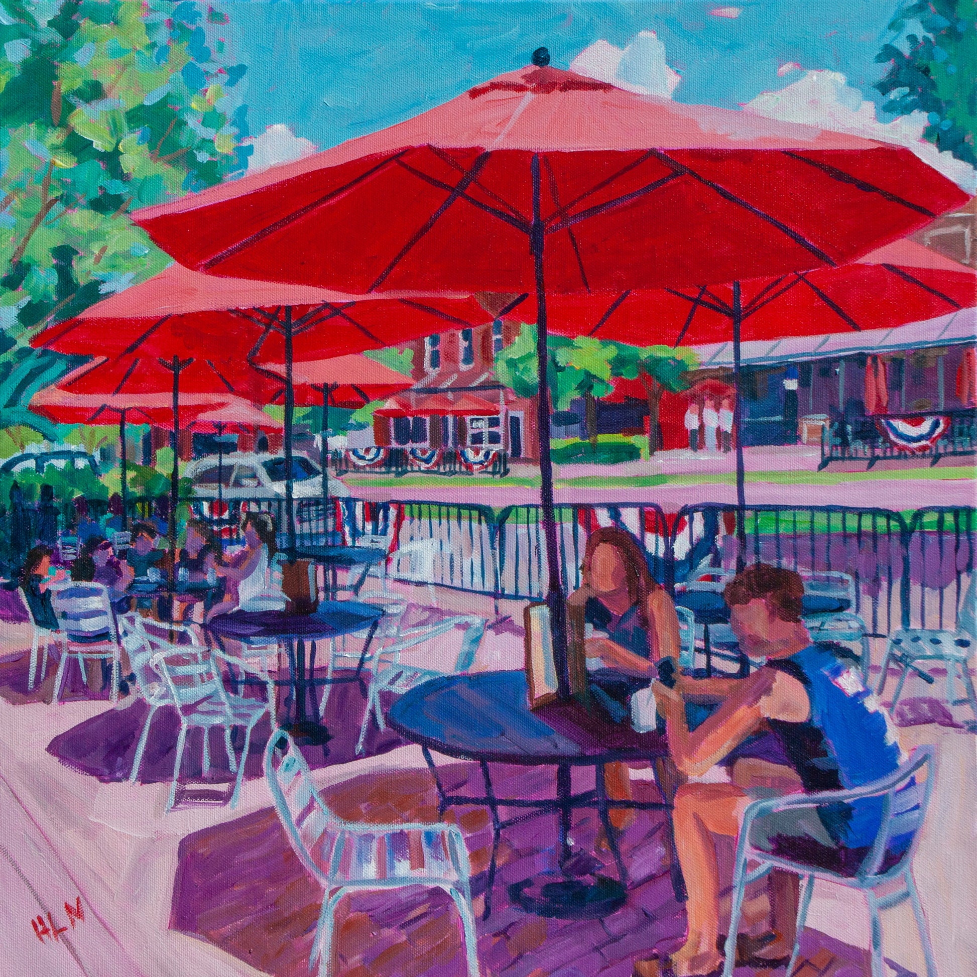 Original vibrant  impressionistic painting of Cafe setting on Plant Street Winter Garden  Florida with red umbrellas along the street