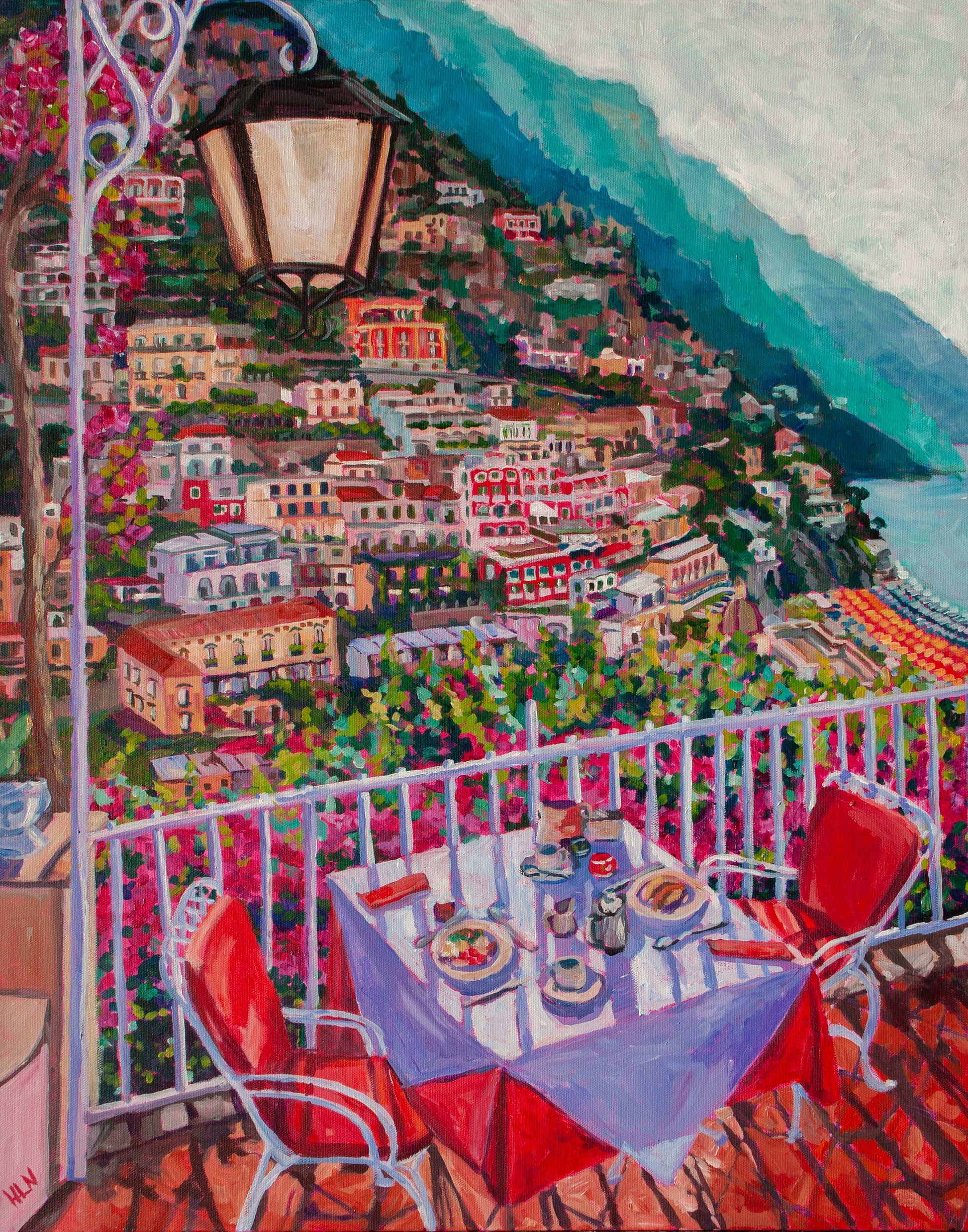 Original vibrant  impressionistic painting of a balcony overlooking the beach of Positano Italy on the Amalfi coast