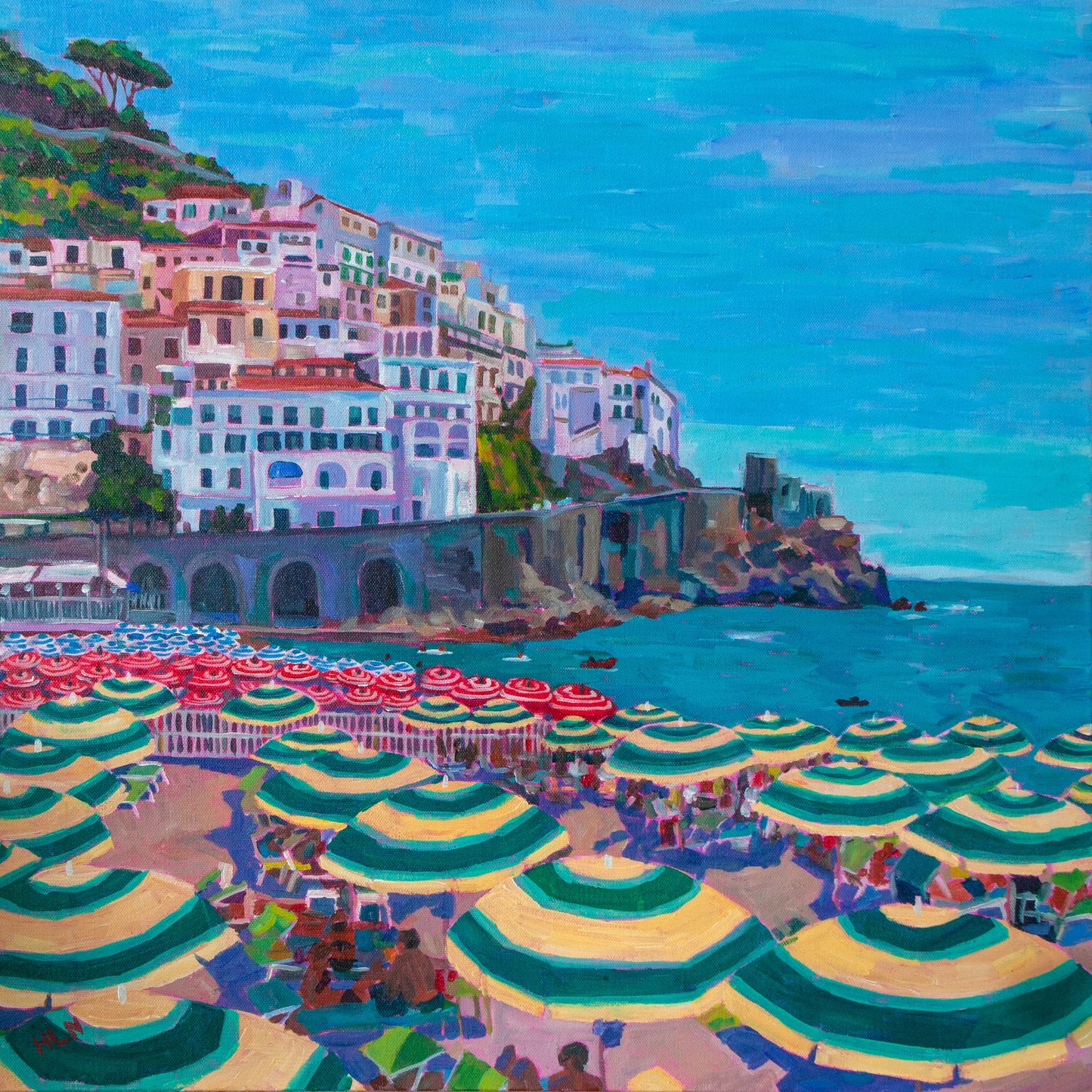 Vibrant painting of the amalfi coast with hillside town and beach umbrellas
