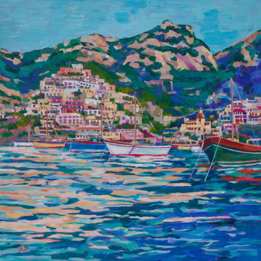 Impressionist painting of Positano on the Amalfi Coast of italy from the water with colorful boats