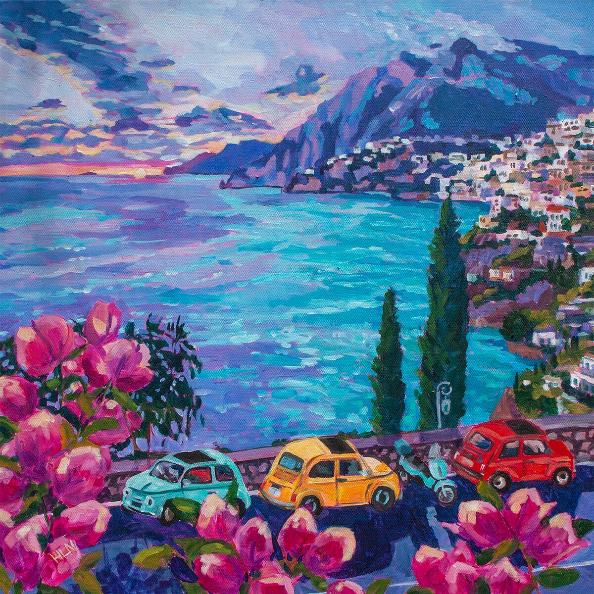 Sunset painting of Fiats at Arienzo in Positano Italy along the mountainous Amalfi coast