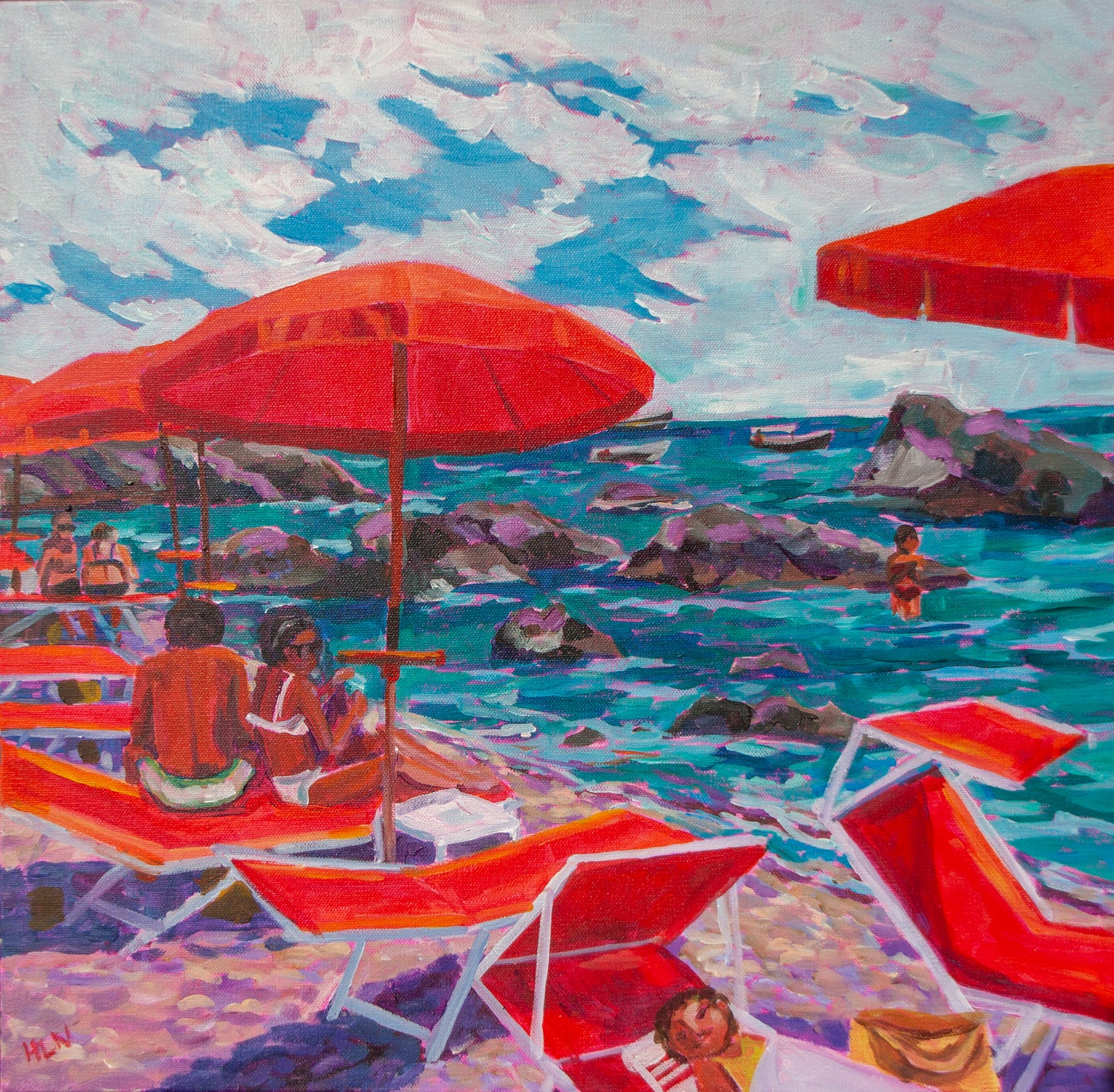 beachside painting of the amalfi coast with vibrant red umbrellas and sun loungers overlooking the sea