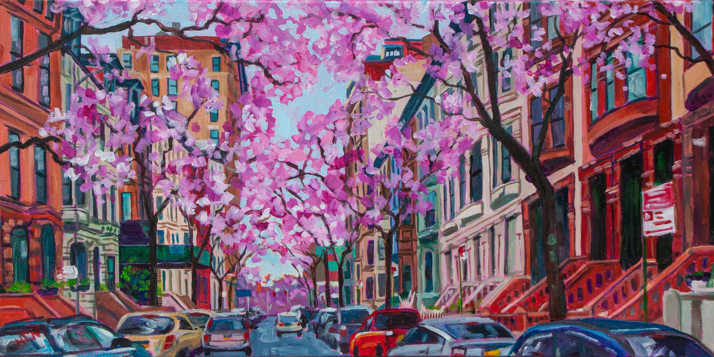 Vibrant street scene painting of NYC in spring with cherry blossoms in bloom and brownstone buildings.
