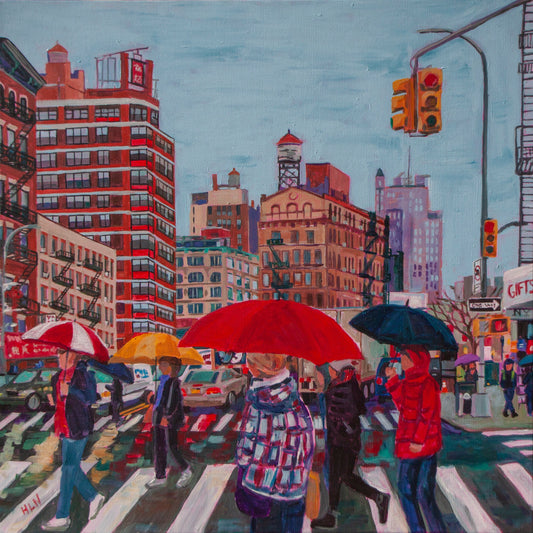 Street scene Painting of Chinatown in New York City, pedestrians crossing with umbrellas