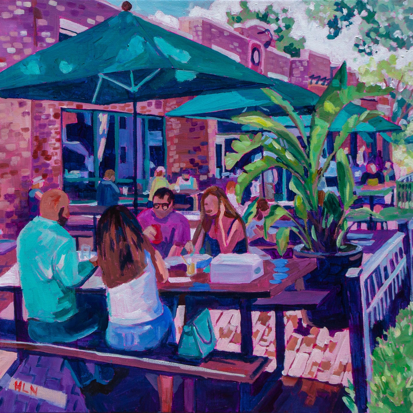 Impressionist painting of people at ourdoor cafe of Plant Street Market in Winter Garden Florida near the Crooked can brewery with  umbrellas 