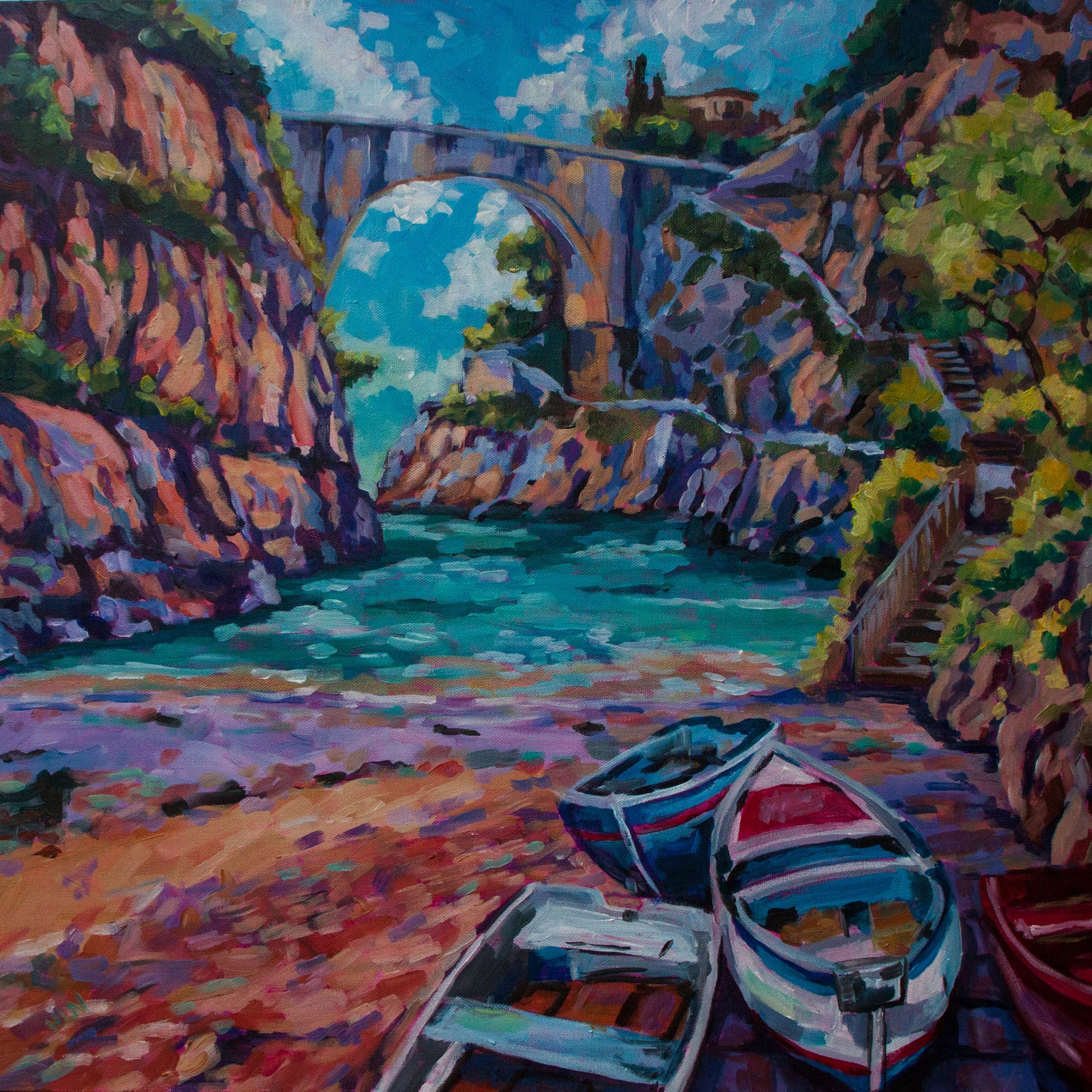 Painting of the Amalfi Coast of italy of the Fiordo Di Furor with the bridge and boats