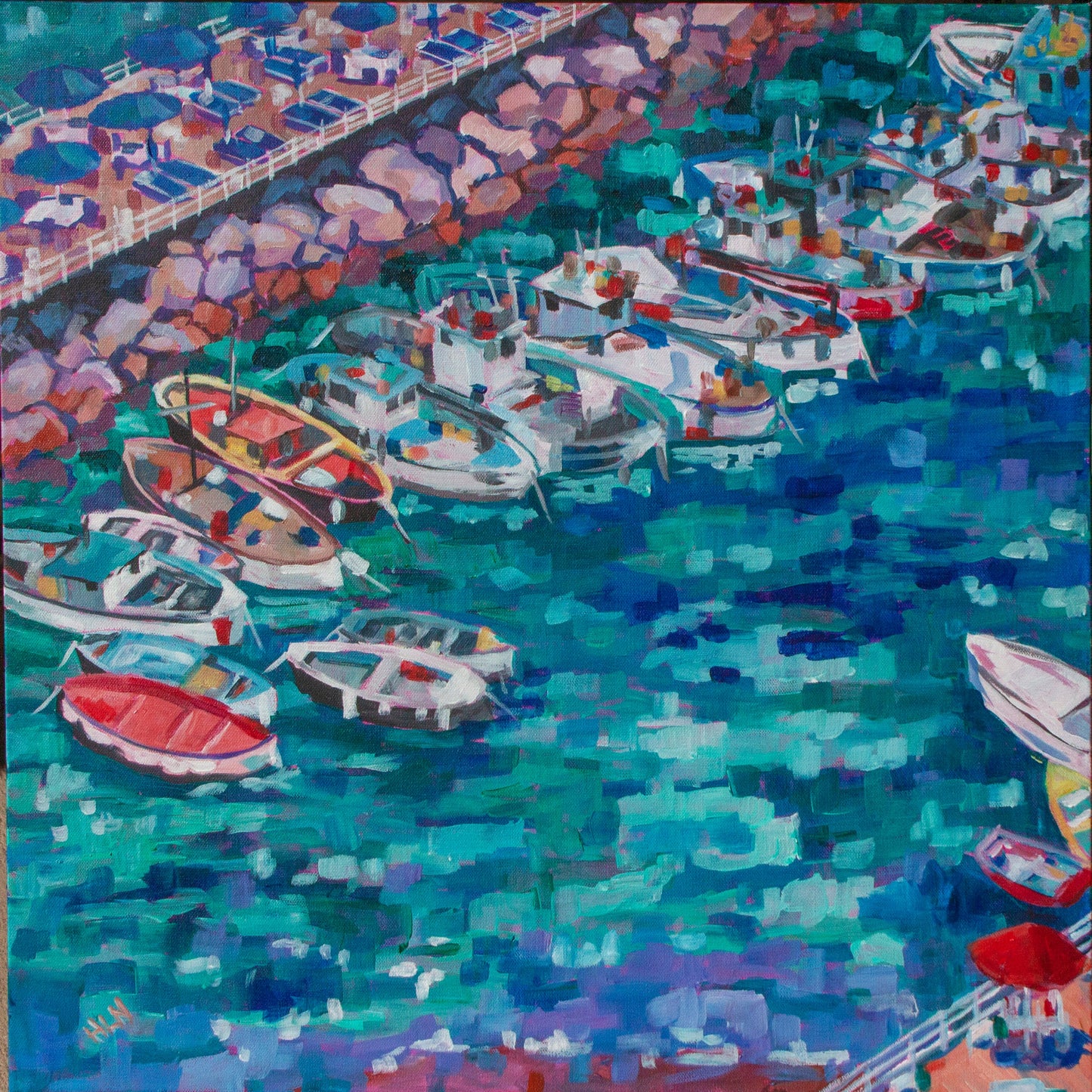 colorful fishing boats lining the pier with impressionistic brush strokes for the water in Sorrento Harbor on the Amalfi coast of Italy