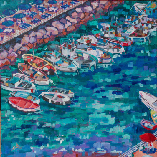 colorful fishing boats lining the pier with impressionistic brush strokes for the water in Sorrento Harbor on the Amalfi coast of Italy