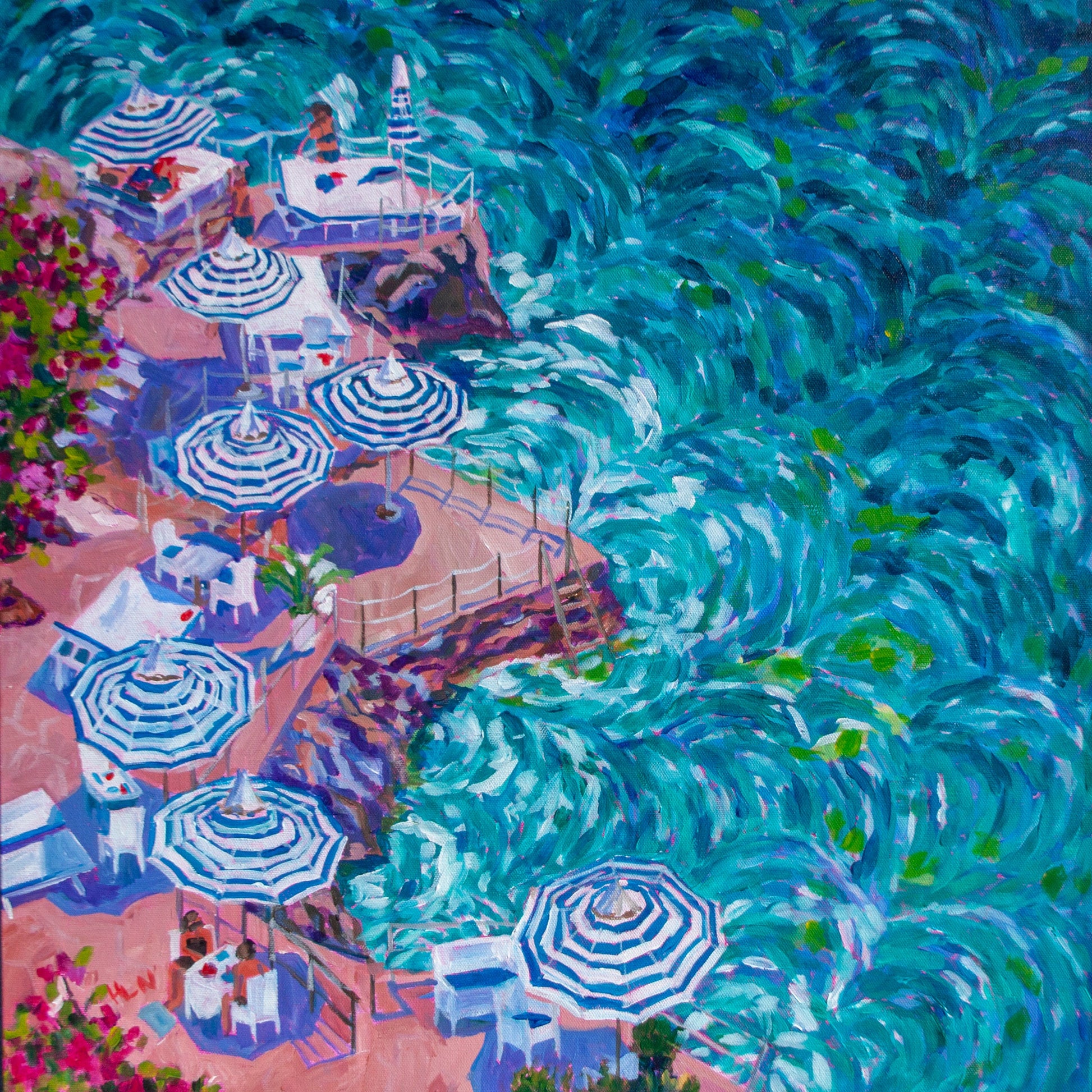 Original vibrant  impressionistic painting overhead scene of white and blue umbrellas next to the sea in Positano, Italy
