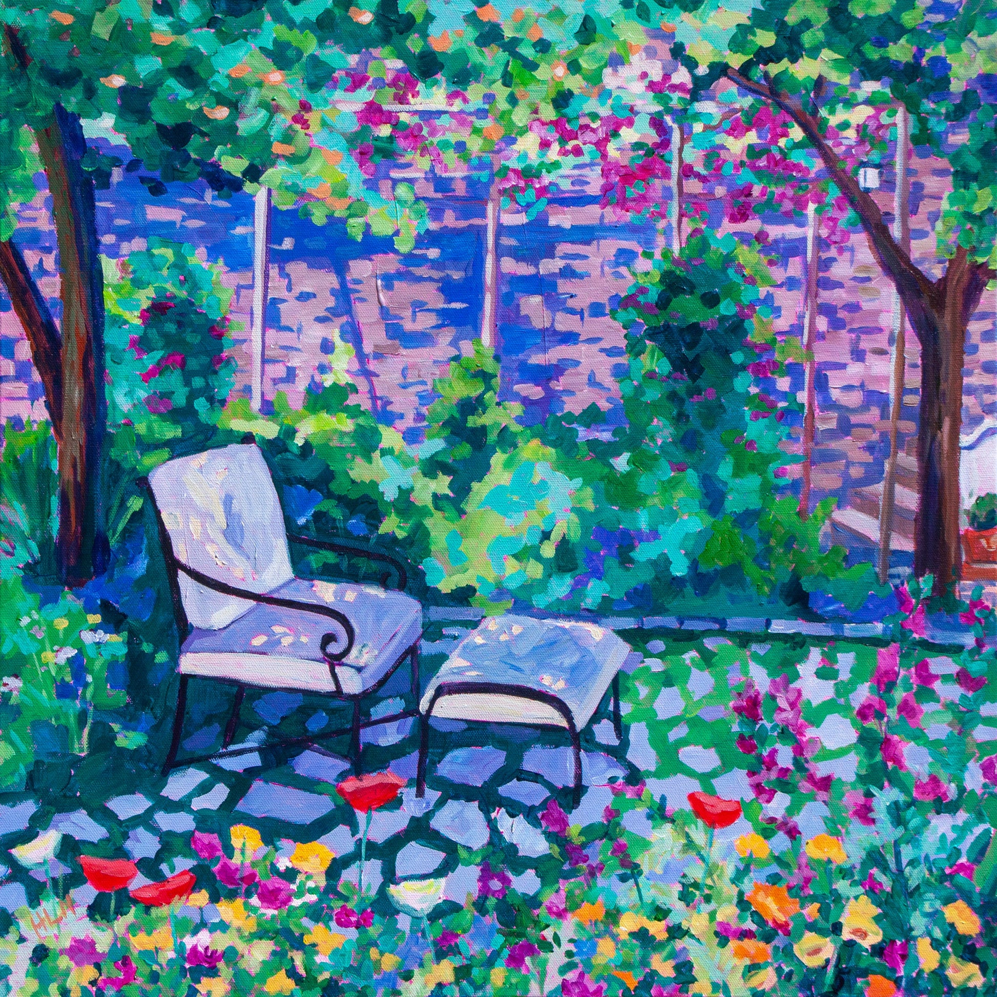 peaceful garden painting with chair and flowers in positano italy