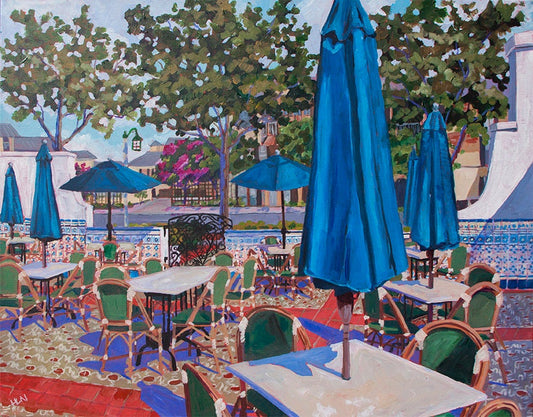 Beautiful patio with blue umbrellas inspired by Columbia restaurant in Celebration Florida