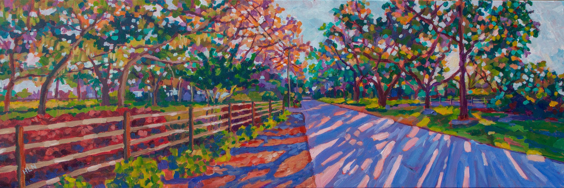 dappled shadows cross the country road at golden hour in this painting of rural Orlando