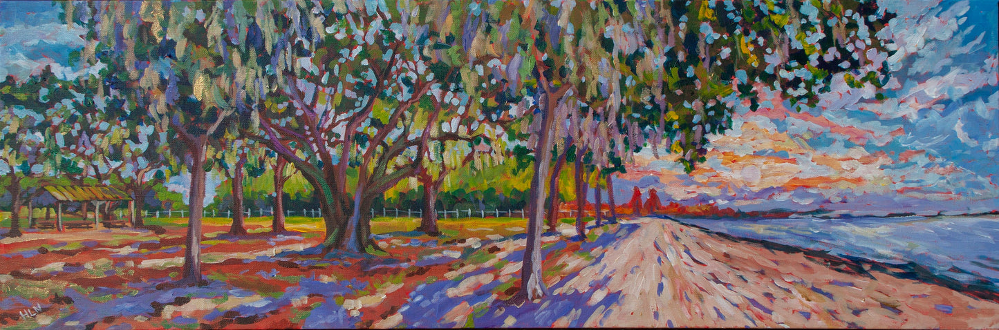 Painting of beautiful Chisholm park at sunset with mature live oak trees
